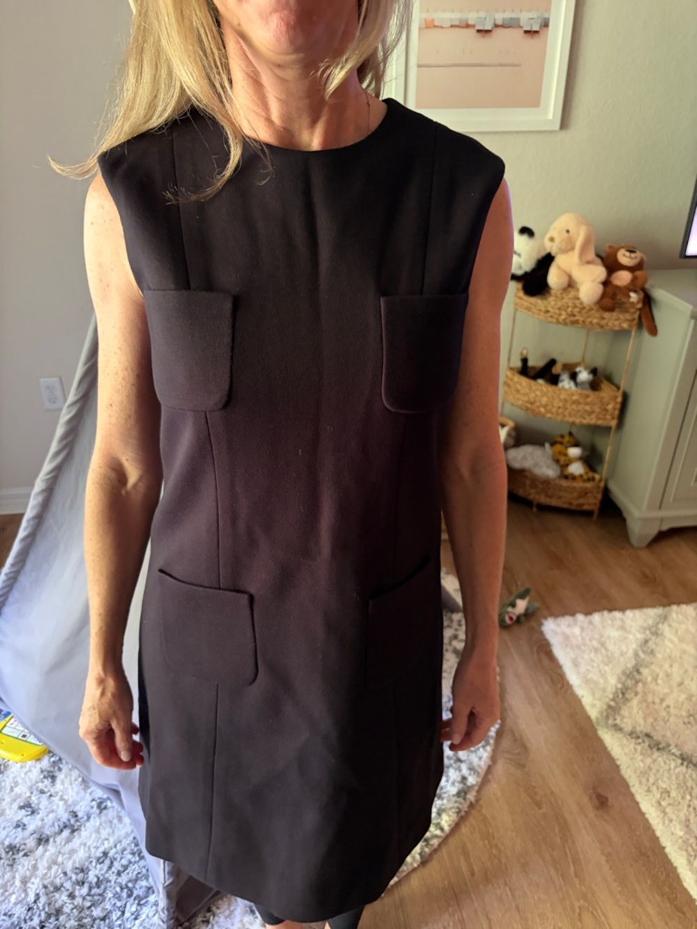 Classic Black Sleeveless Shift Dress with Patch Pockets Chanel like new